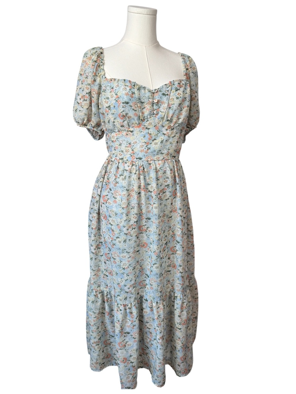 And Now This Prairie Sweetheart Floral Puff-Sleeve Midi Dress in Light Blue - M